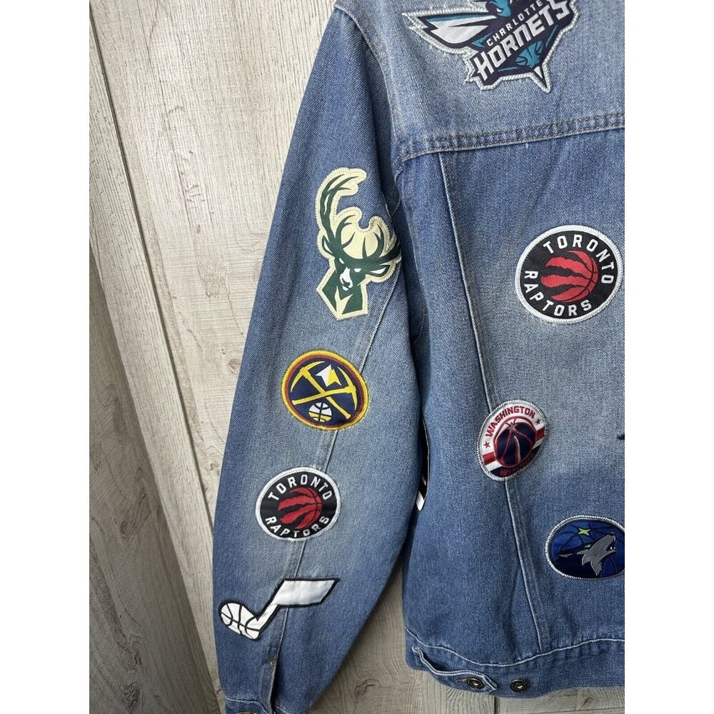 NBA Global Stores Mens Blue Denim Jacket Size Medium Team Stitched Logo Patches - Picture 5 of 14